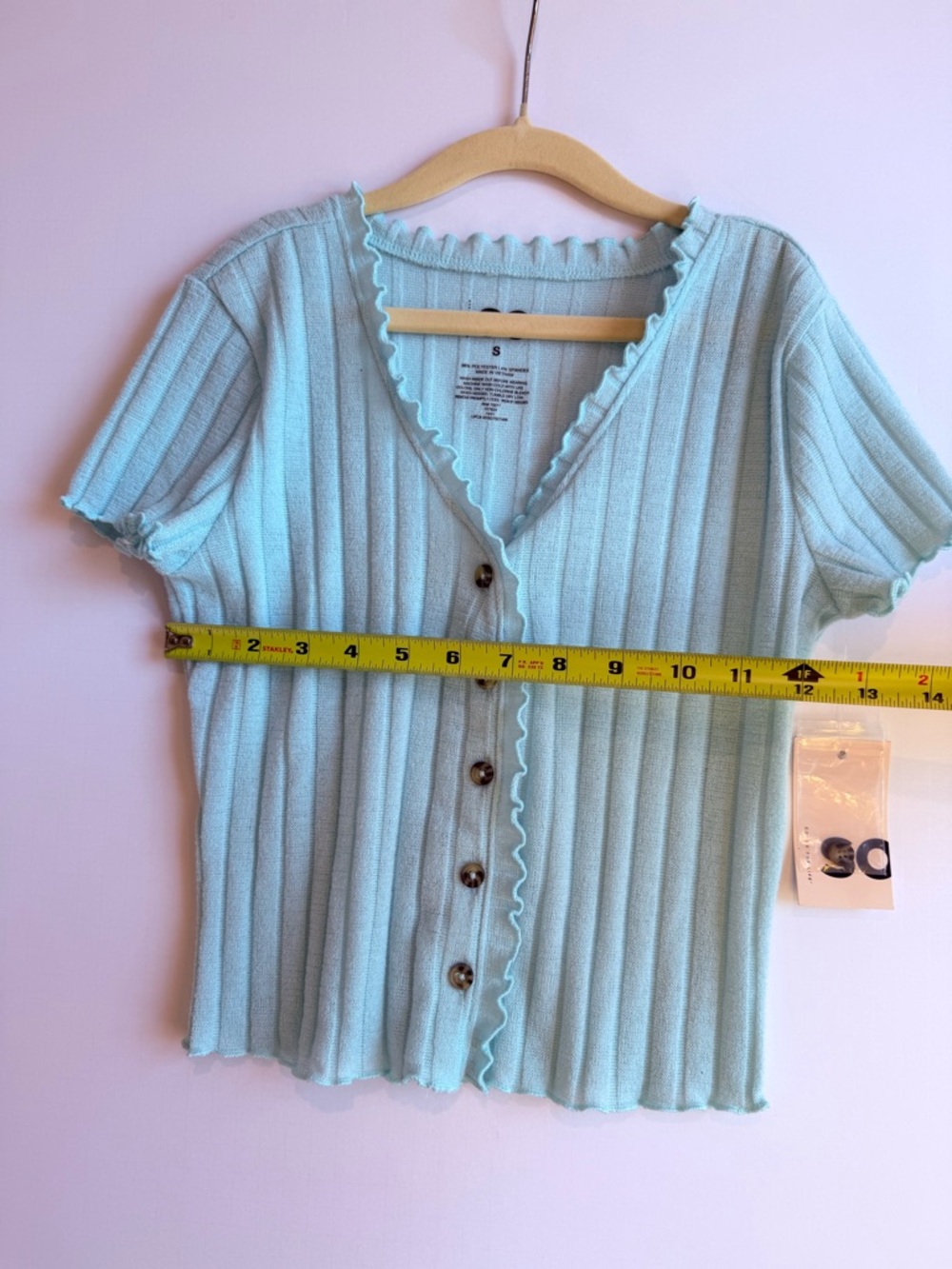 SO Mint Ribbed Ruffle-Trim Button Front Top - Picture 3 of 5